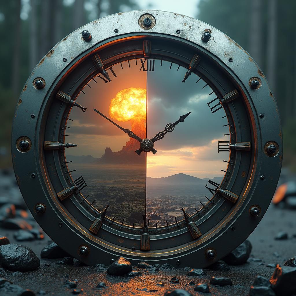Futuristic Clock Face: Nuclear Cloud and Clear Sky