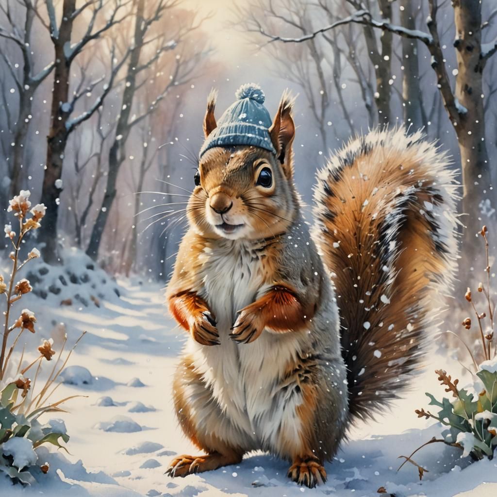 Squirrel with hat, in snow