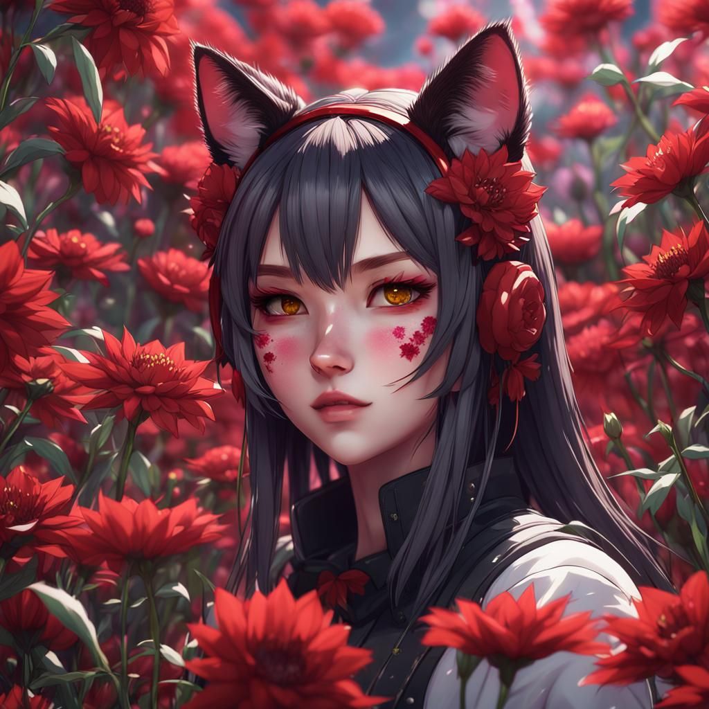 Anime Catgirl Surrounded by Red Flowers