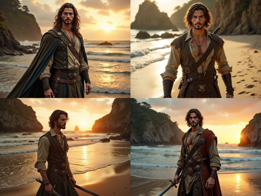 Muscular Man with Wavy Hair Wielding Sword on Beach