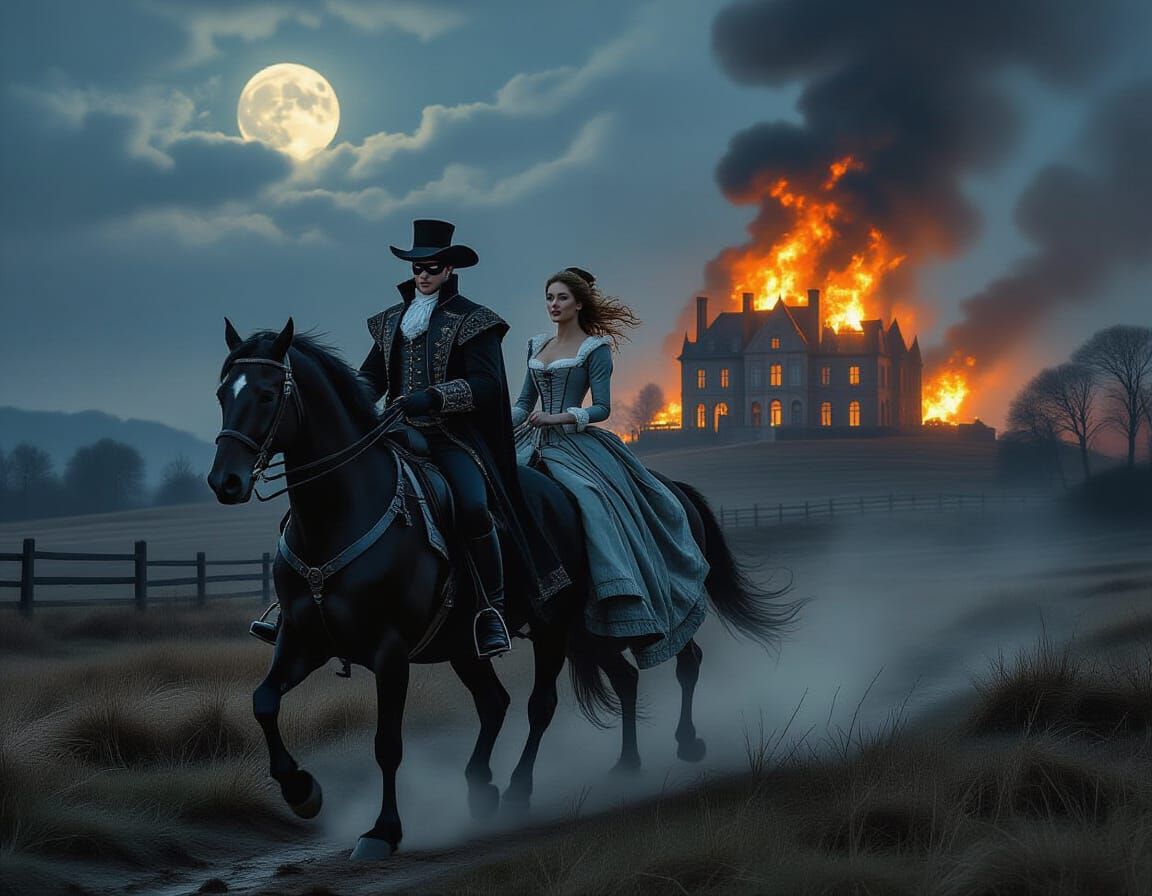 Renaissance Bandit and Lady Ride Burning Manor Night