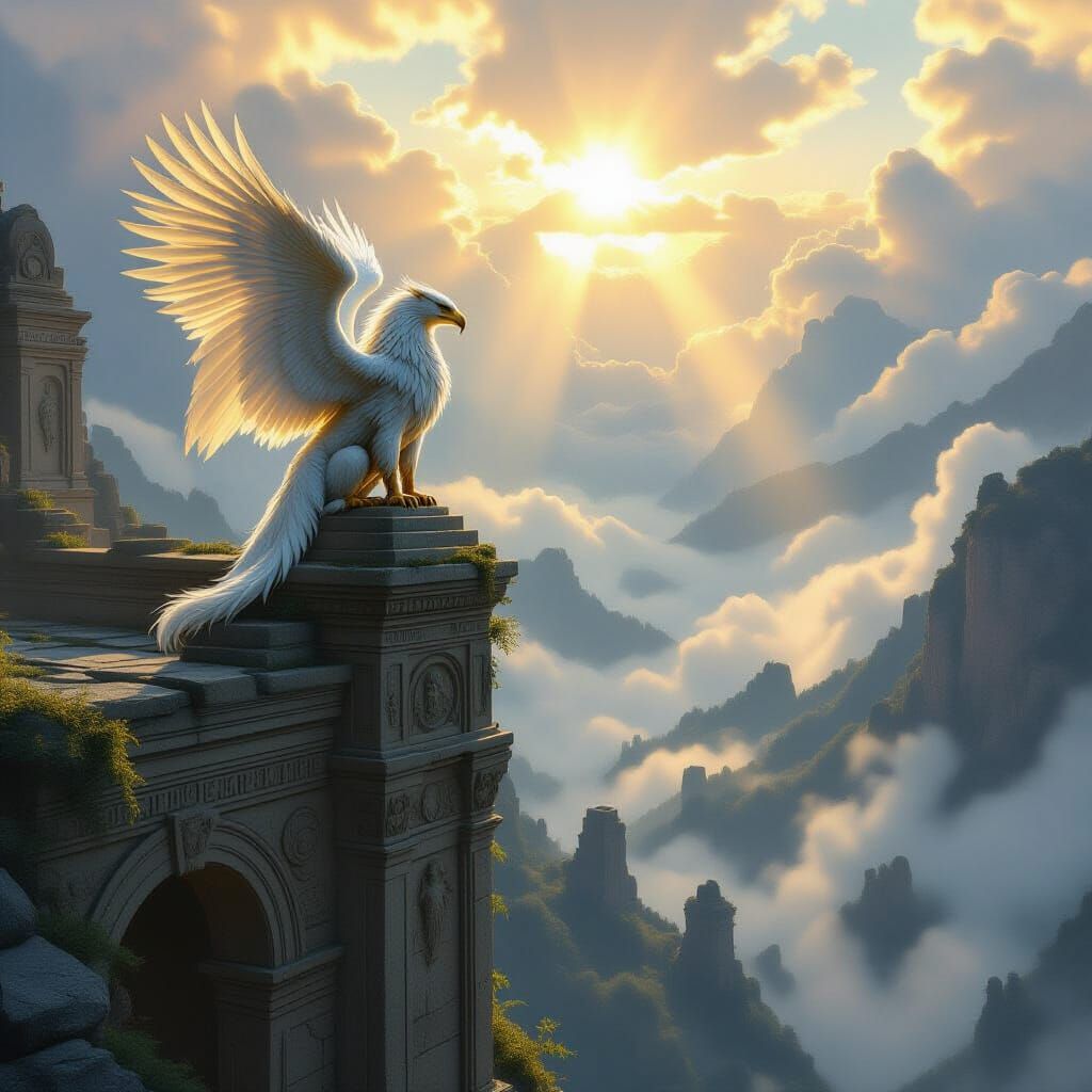 Majestic Griffin on Ancient Ruin in Misty Valley