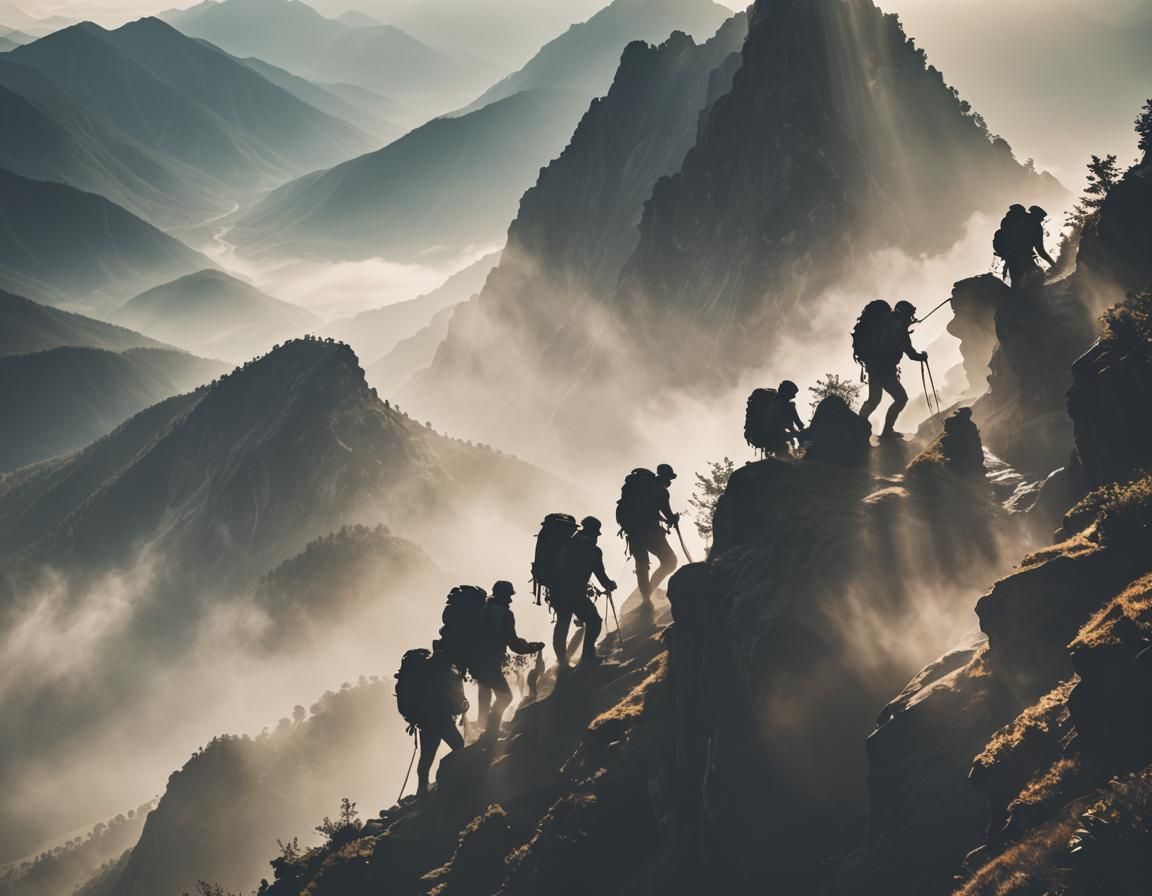 Adventurers Scale Misty Mountain at Sunrise