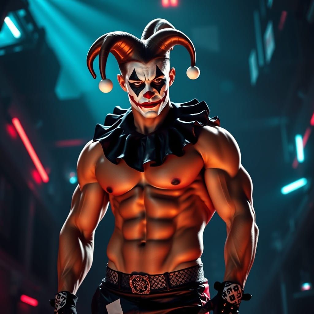 Athletic Jester in Neon-Lit Futuristic Landscape