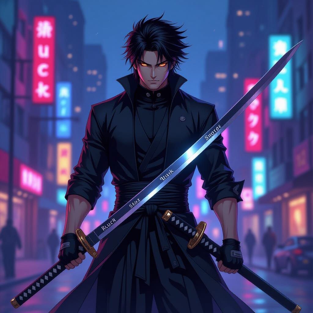 Anime Swordsman in Neon Cityscape, Manga Style