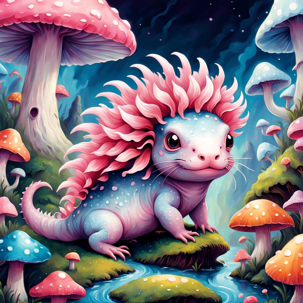 Whimsical Axolotl Wonderland in Gouache