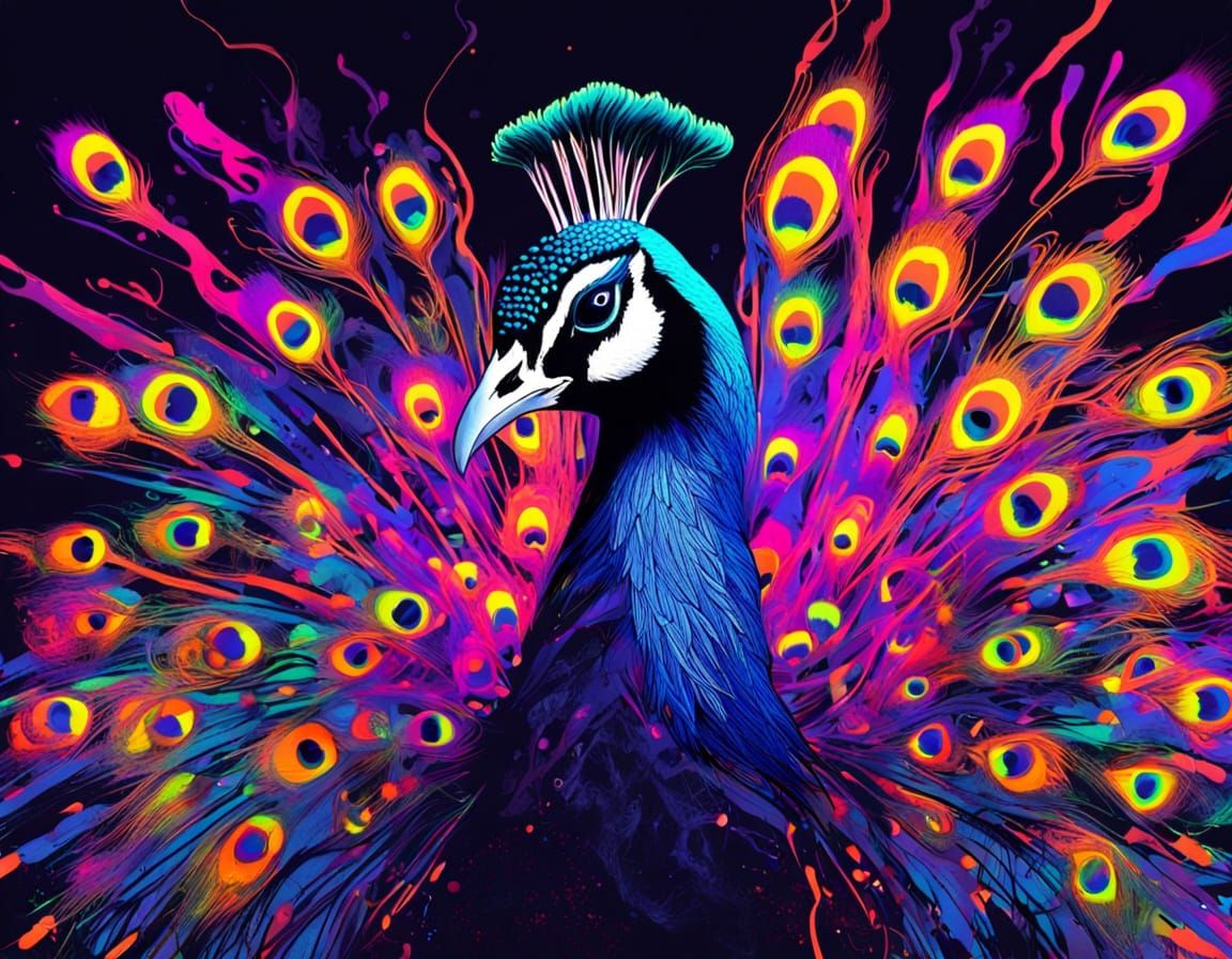 Neon Horror Peacock Hallucination in Blacklight