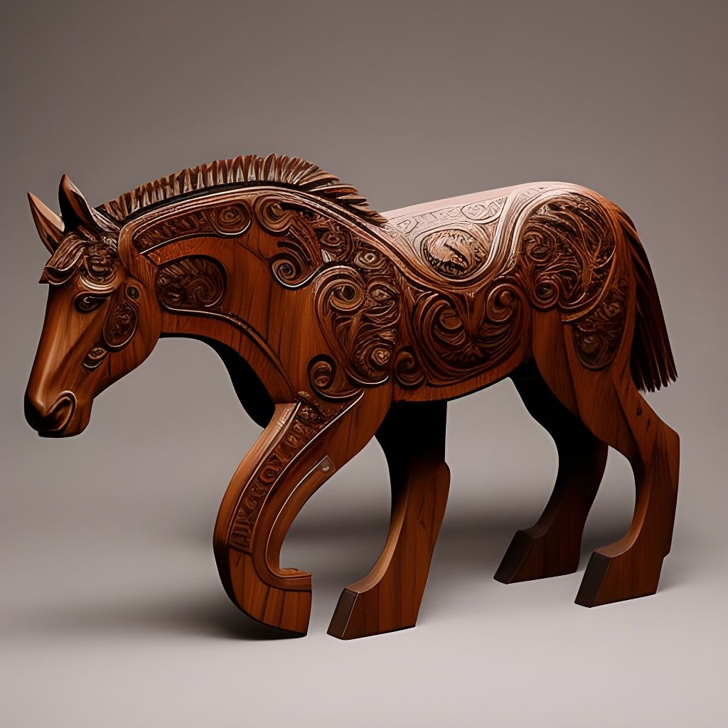 Hyperdetailed 3D Carved Wooden Horse Sculpture
