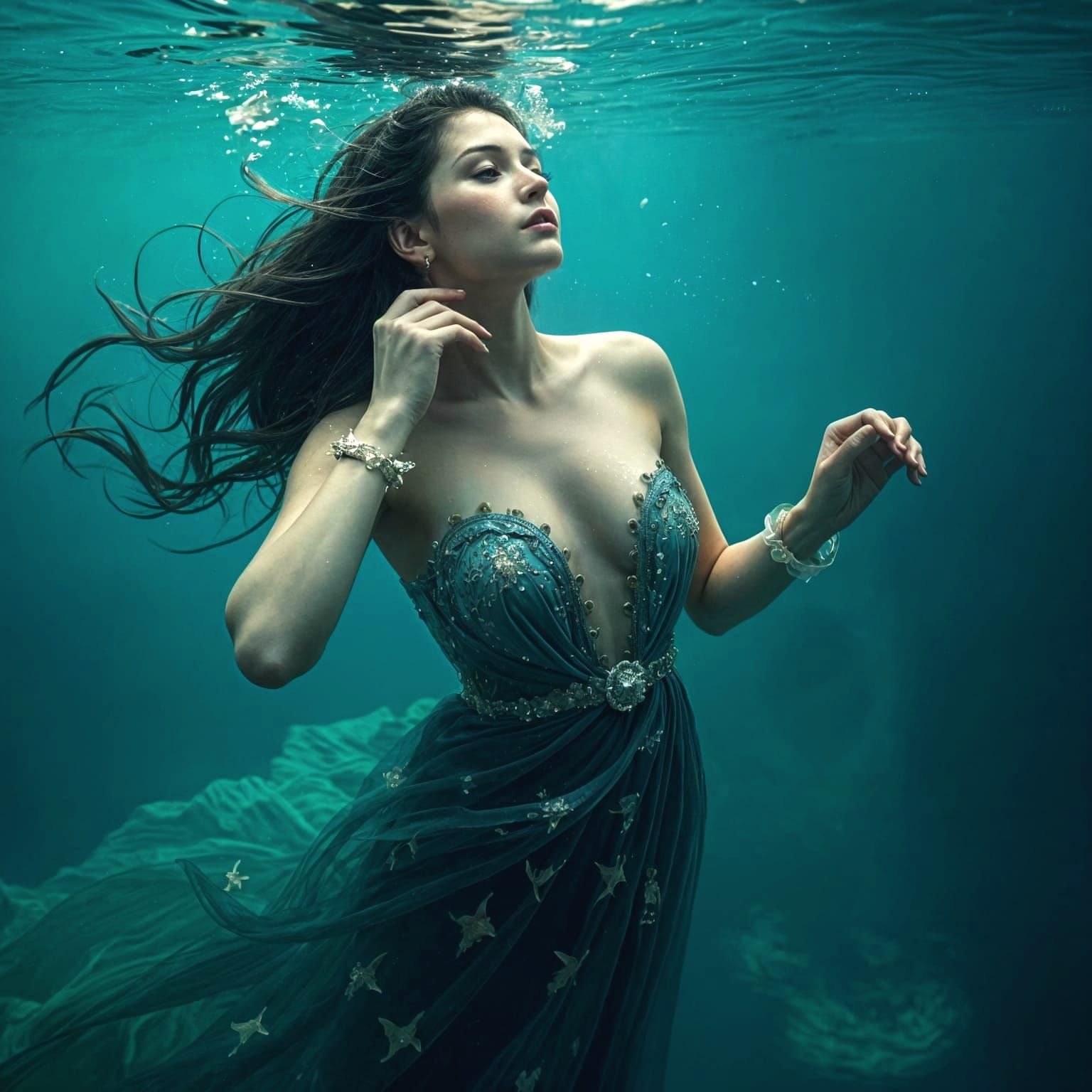Woman in Evening Gown Underwater