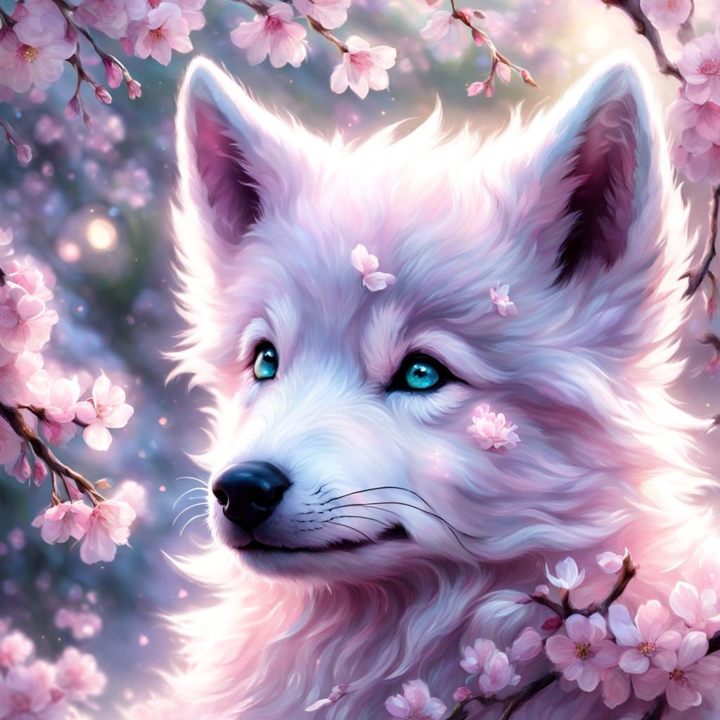 Pink Wolf Pup Under Cherry Blossom Tree
