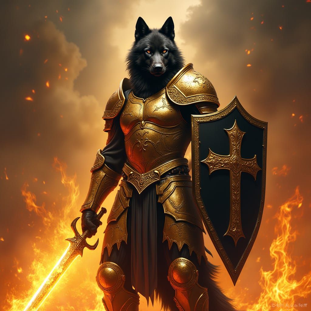 Regal Black Wolf in Golden Armor Defies Flames