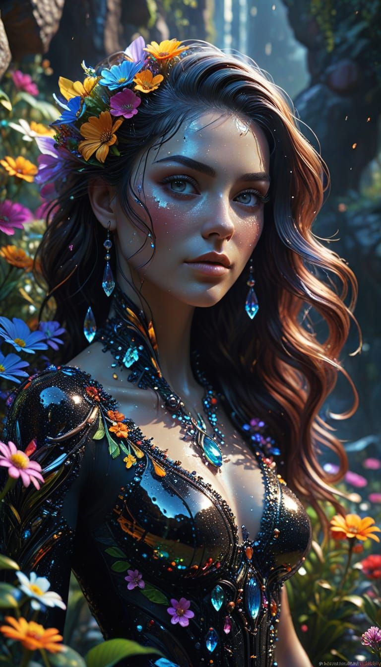 Rainbow Glitter Woman with Flowers in Digital Art