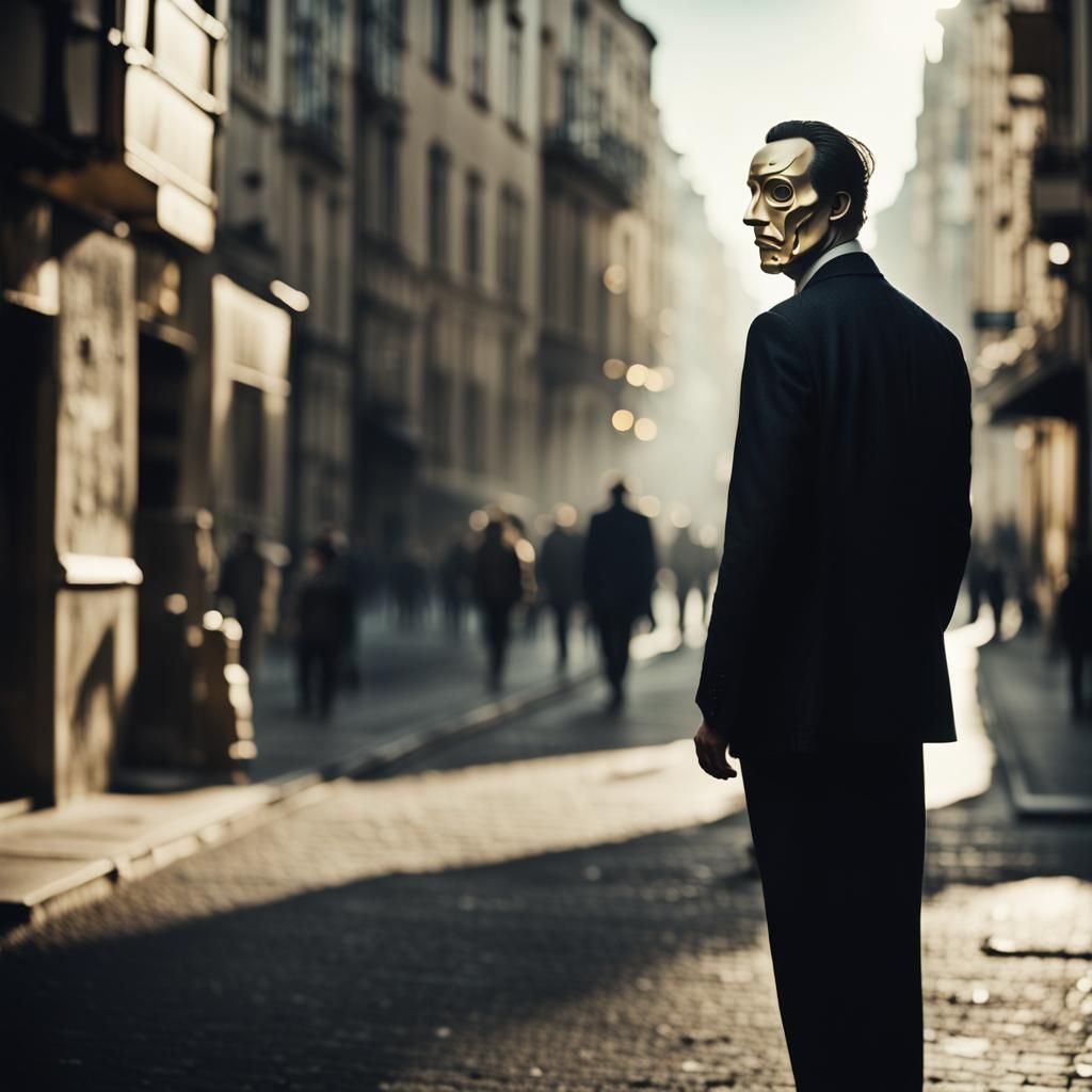 Surreal Faceless Man in Crowded City Street