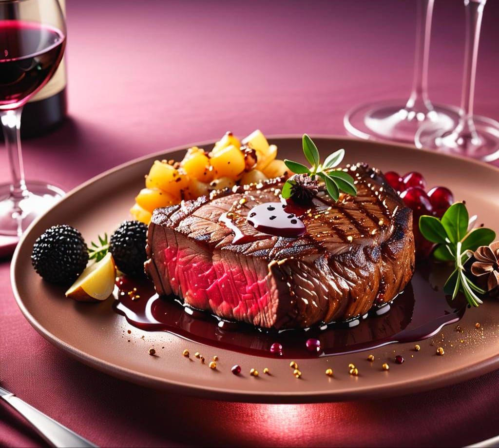 Hyperrealistic Ribeye Steak with Truffle Sauce and Shiraz