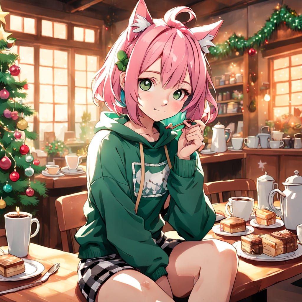 Vibrant Young Woman in Holiday Cheer, Anime Style