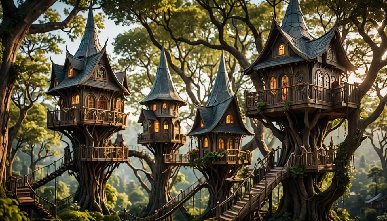 Highrise Elven Treehouses in Professional Photography Style