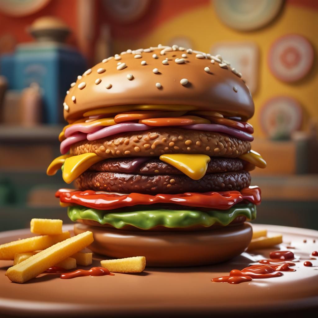 Hyperrealistic Pottery Hamburger with French Fries
