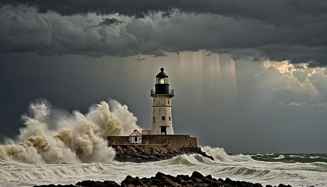 Lighthouse in Stormy Sea: Beacon of Light