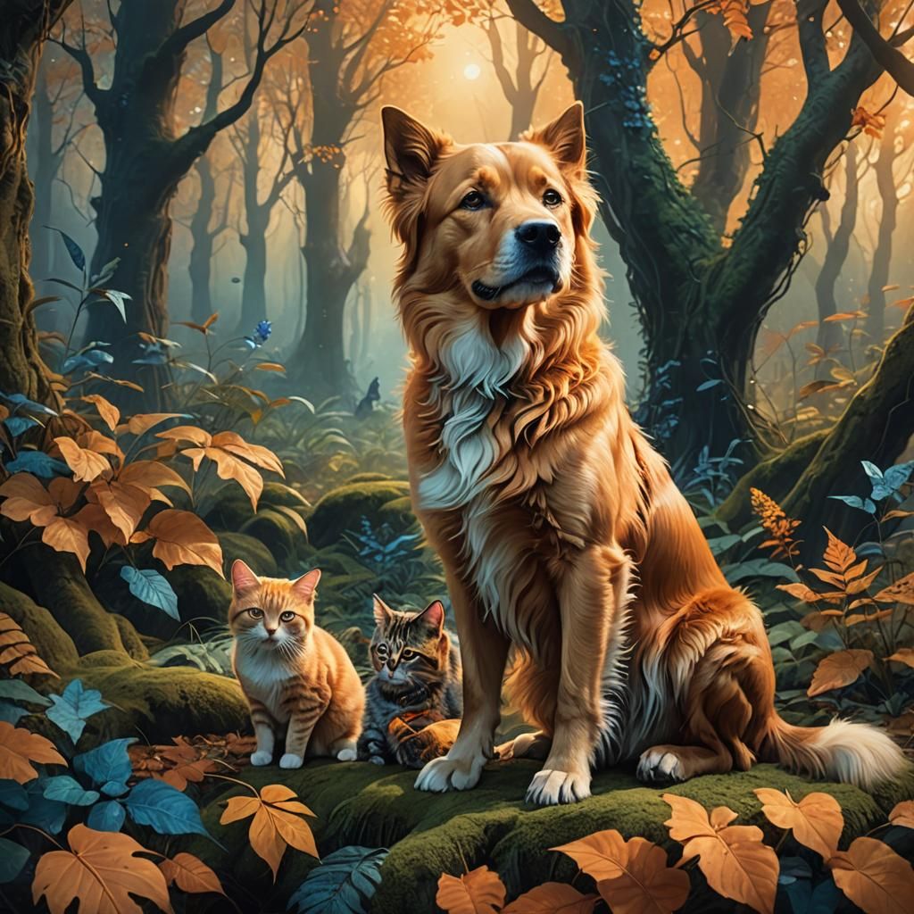 Dog and Cat in Mystical Forest, Art Nouveau