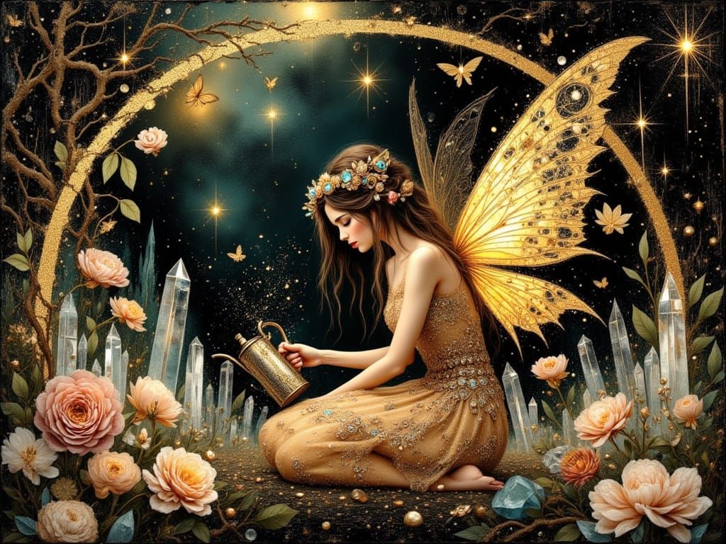 Winged Fairy Tending Magical Flowers in Crystal Garden