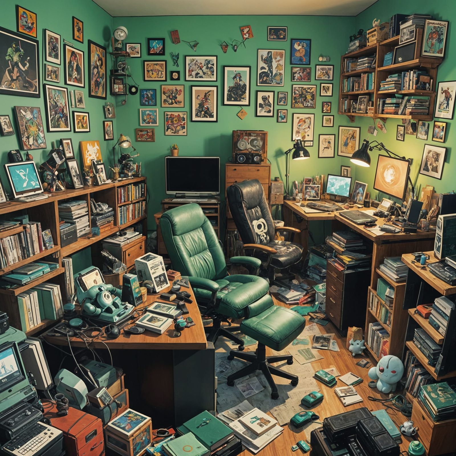 Chaotic Illustrator's Room with Gaming Memorabilia