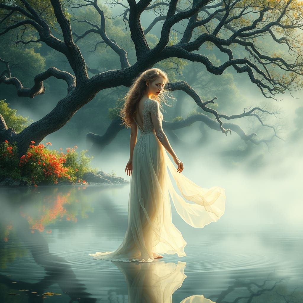 Ethereal Woman Emerges from Misty Lake in Whimsical Fantasy ...