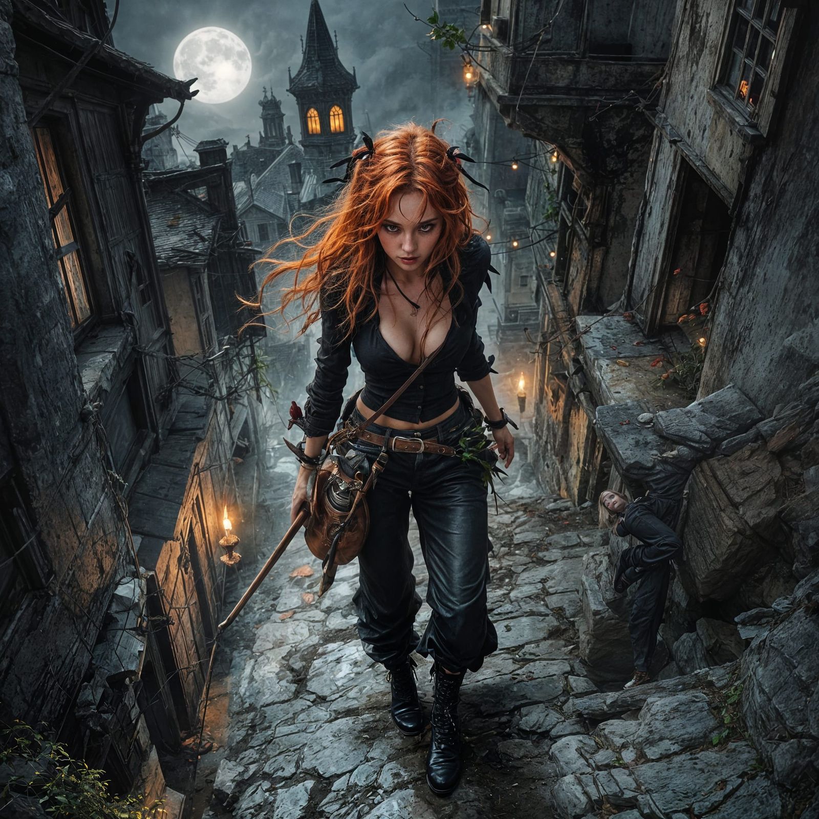 Ginger Rogue Witch on Medieval Rooftops