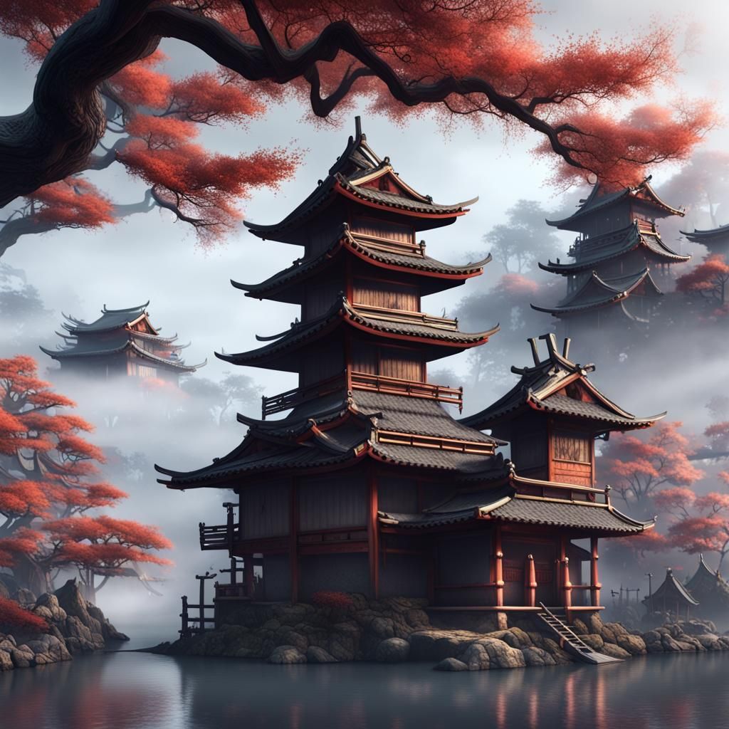 Samurai Village in Fog: Detailed Matte Painting