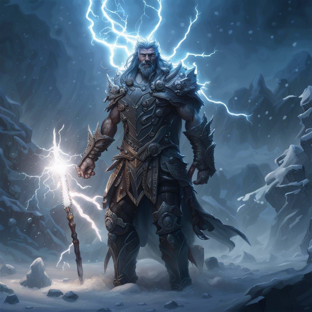 Epic Thunder Lord in Winter, Dark Fantasy Concept Art