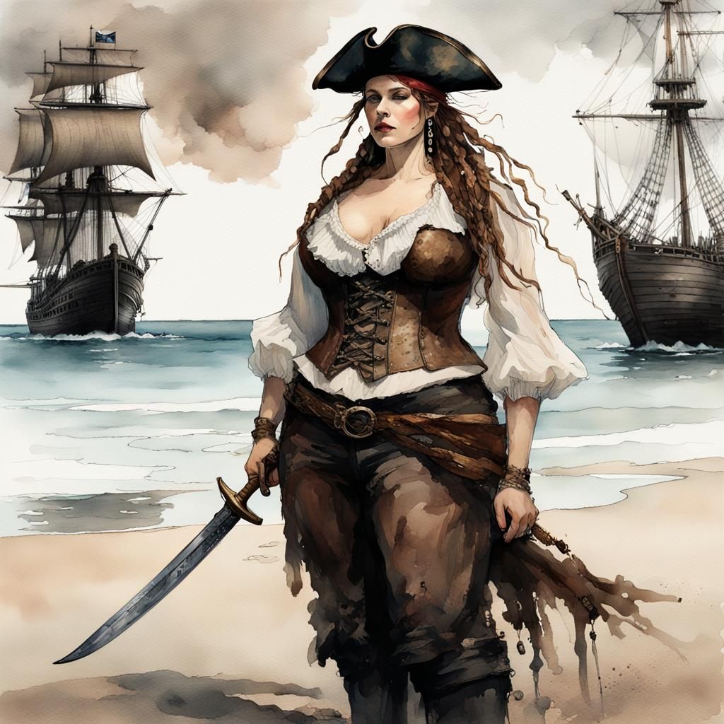 Goddess-Like Pirate on Island, in Watercolor Style