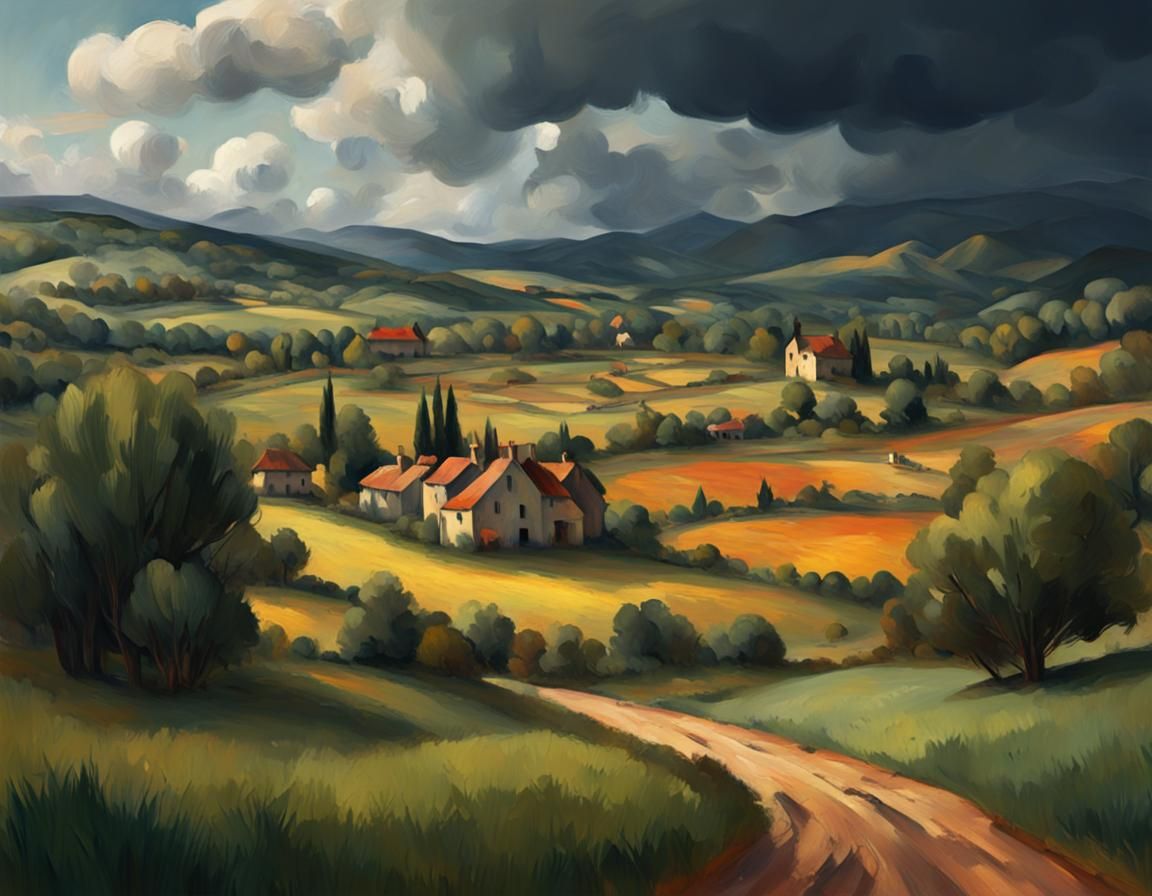 Bucolic landscape in the style of Paul Cézanne