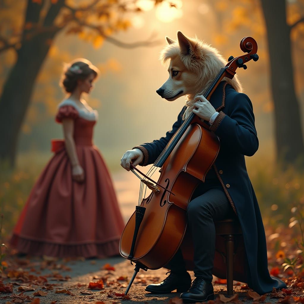 Victorian Dog Plays Cello on Carriage Road
