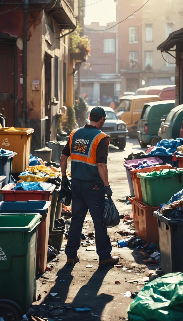 Epic Cinematic Space View of a Sanitation Worker Amidst a Bu...