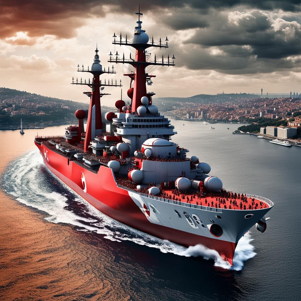 Turkish Warship on Istanbul Bosphorus: Ready for Battle