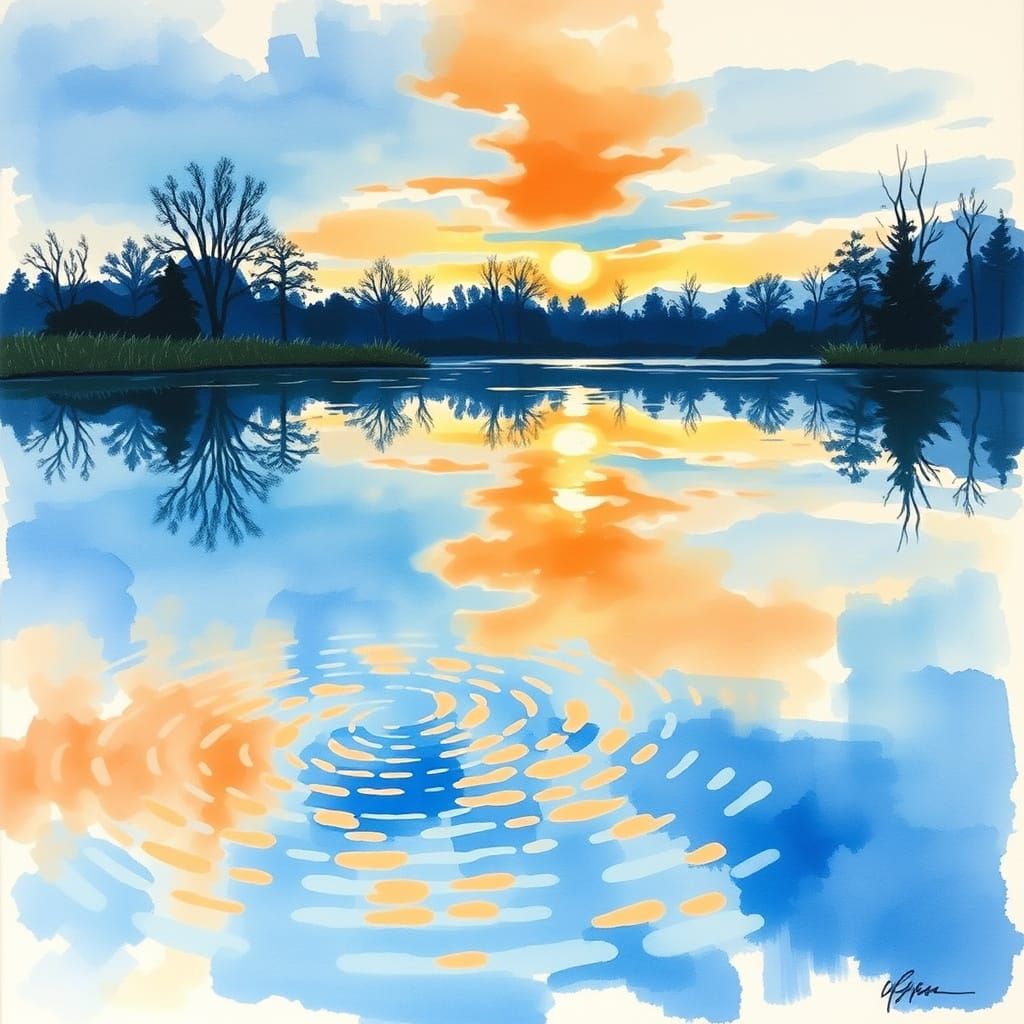Twilight Pond: Impressionistic Watercolor Reflection