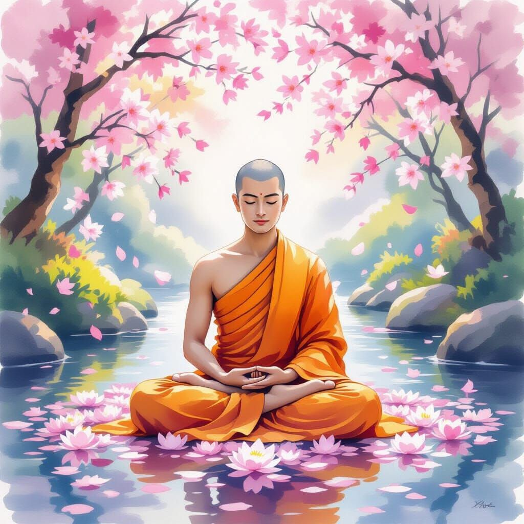 Serene Buddhist Monk in Blooming Cherry Blossom Garden