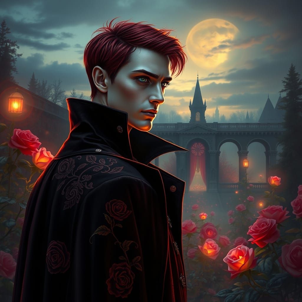 Gothic Vampire in Rose Garden at Twilight