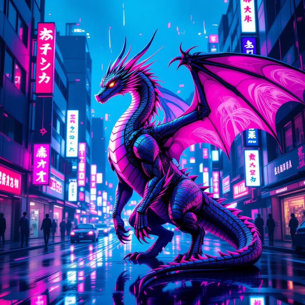 Cyberpunk Dragon in Neon Tokyo, Anime Style