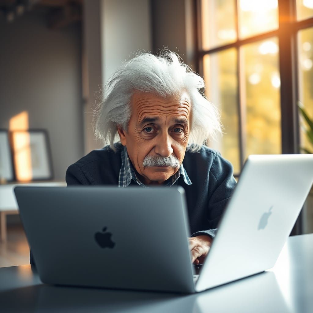 Albert Einstein Uses Laptop in Modern Office
