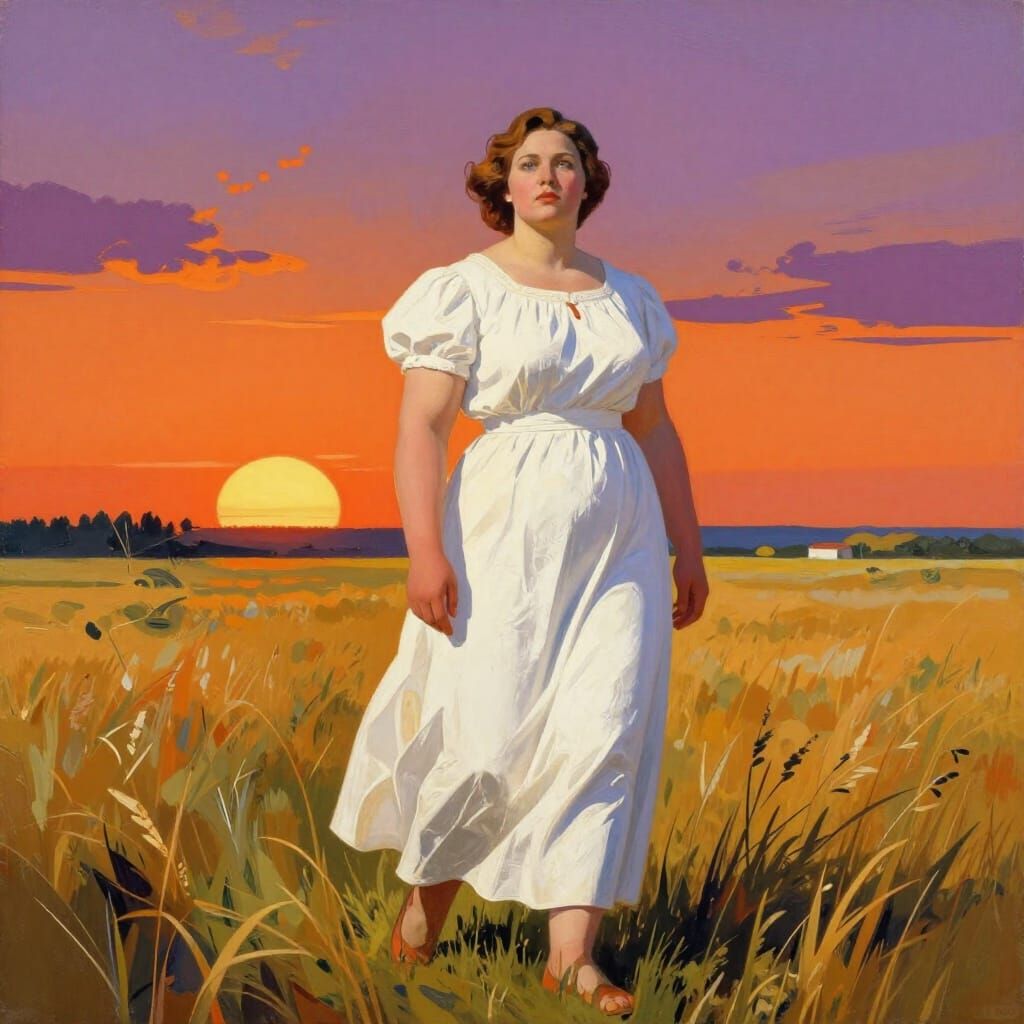 Statuesque Woman in Volga Steppe at Sunset