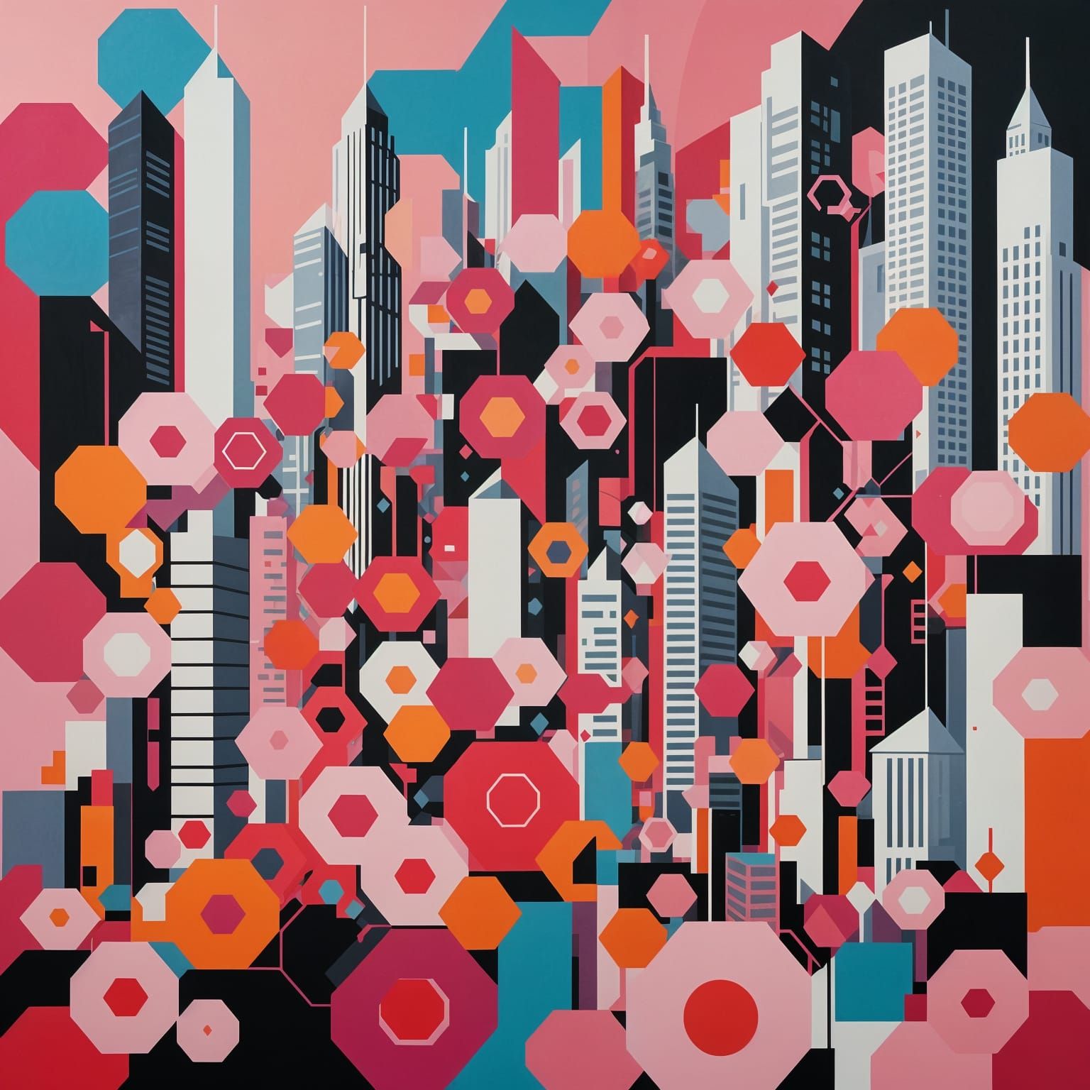 Geometric Cityscape Collage in Electric Colors