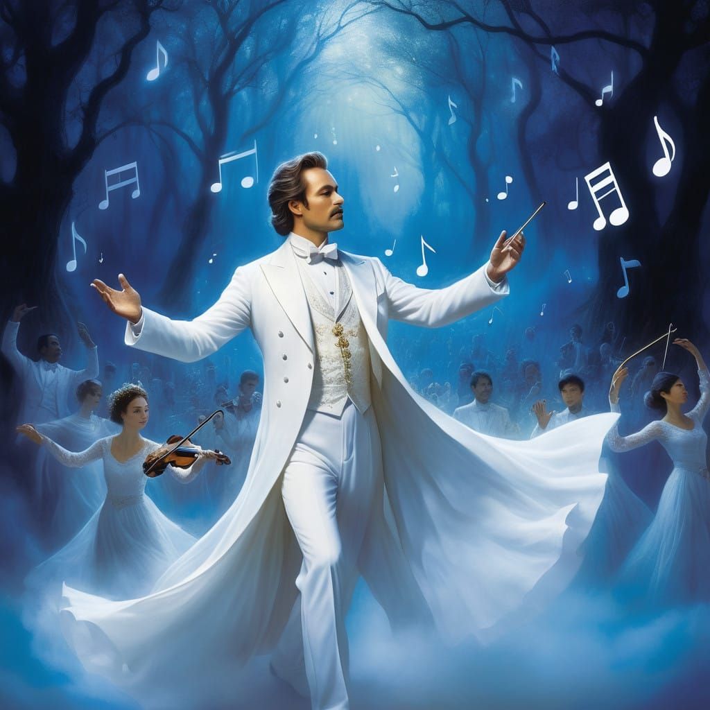 Ethereal Conductor Surrounded by Swirling Music Notes in Dre...