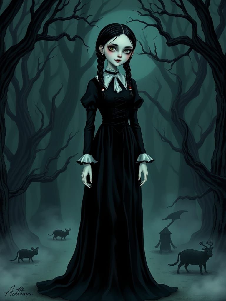 Wednesday Addams in a Haunting Victorian Gothic Forest