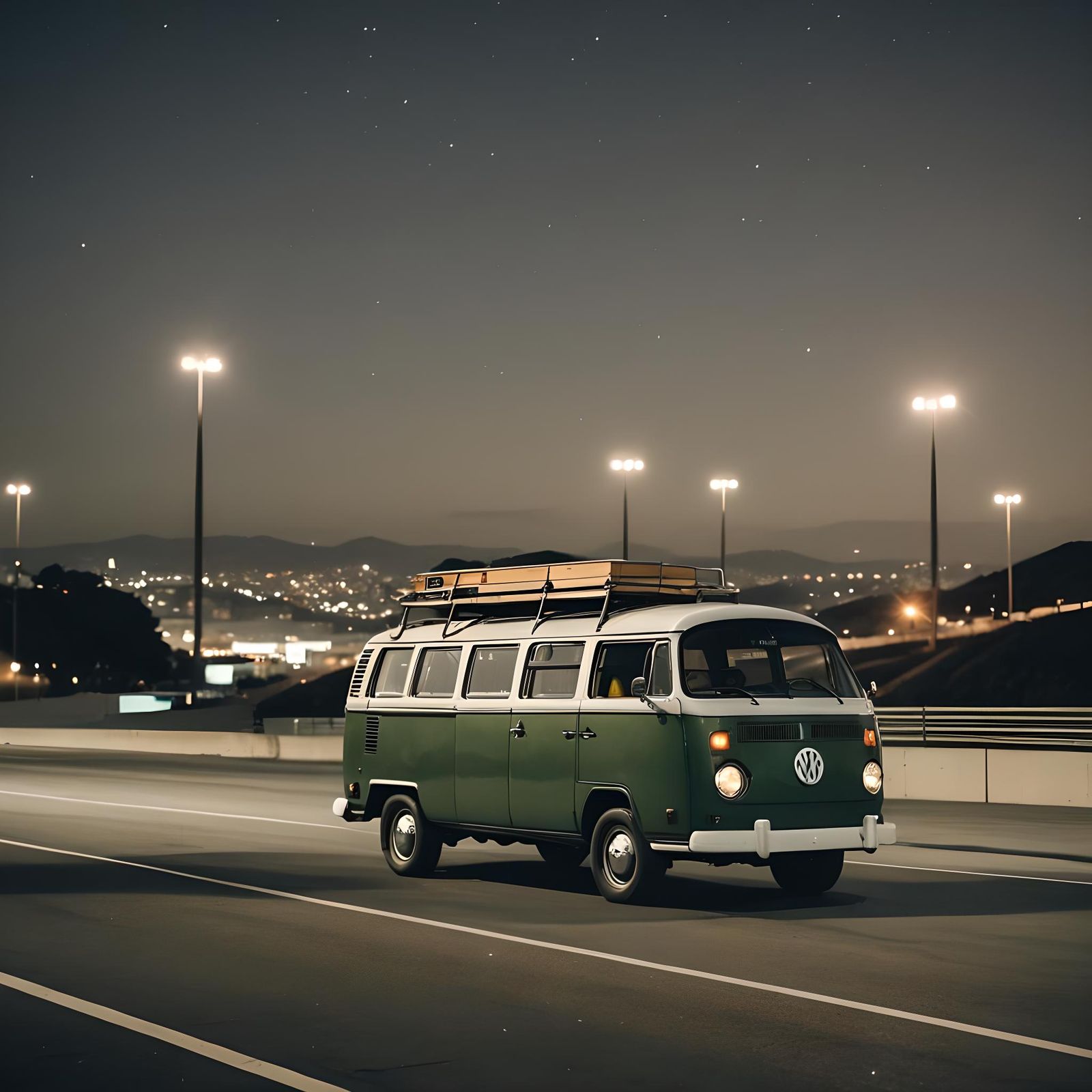 Titanium VW Bus Races in San Francisco at Night