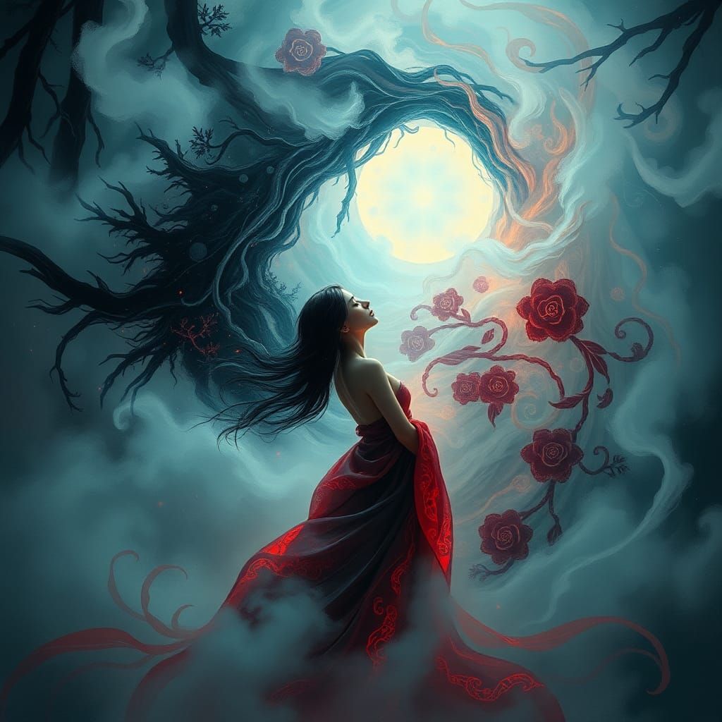 Ethereal Woman Between Dream and Forest Realms
