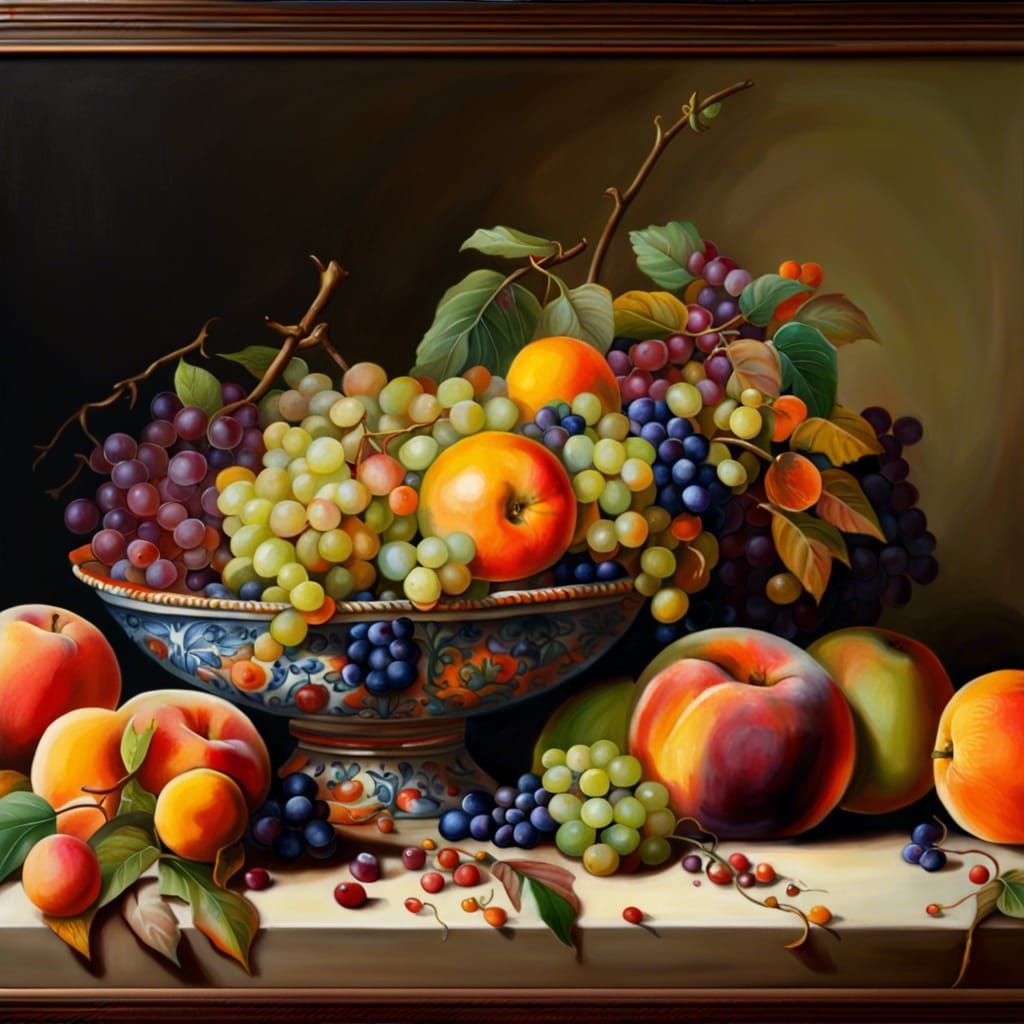 Hypermaximalist Fruit Bowl Still Life in Splash Art Style