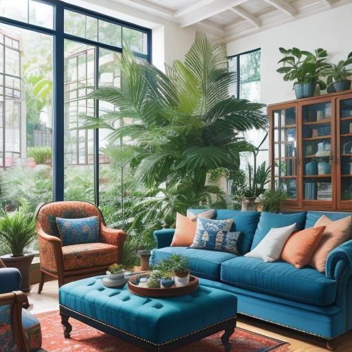 Vibrant Living Room with Peach and Blue Palette