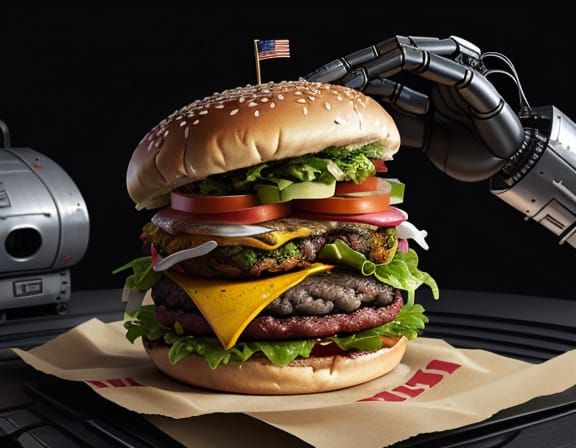 Smiling Robot Eats Burger in Detailed Sci-Fi Concept Art