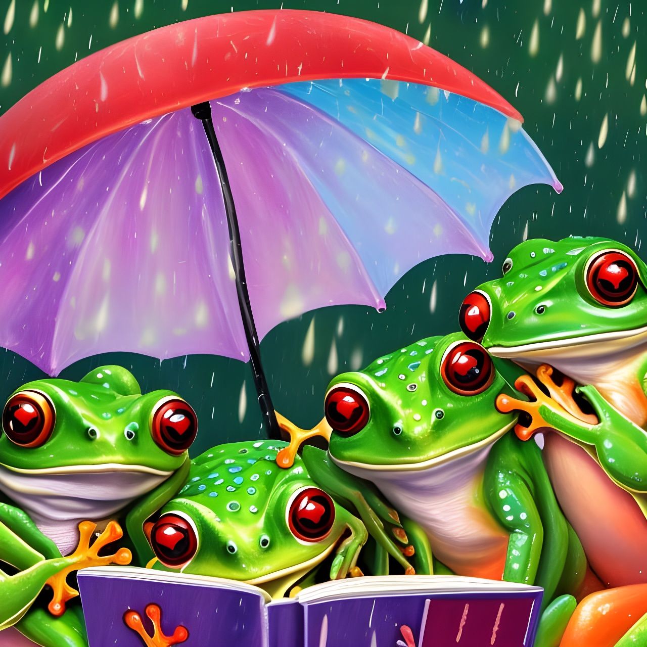 Cartoon Tree Frogs Reading on Rainy Day