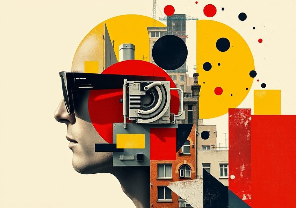 Abstract Digital Collage: Man Merged with Cityscape